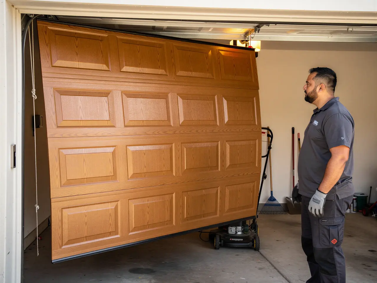 A technician stands next to a light brown garage door that is off its tracks.