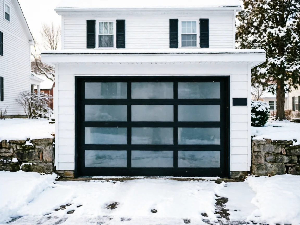 A white house with a black garage door and snowy driveway.