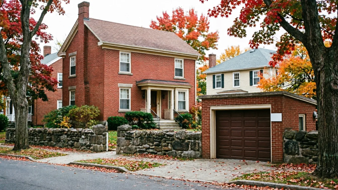 A brown garage door is on a brick garage next to a brick house.