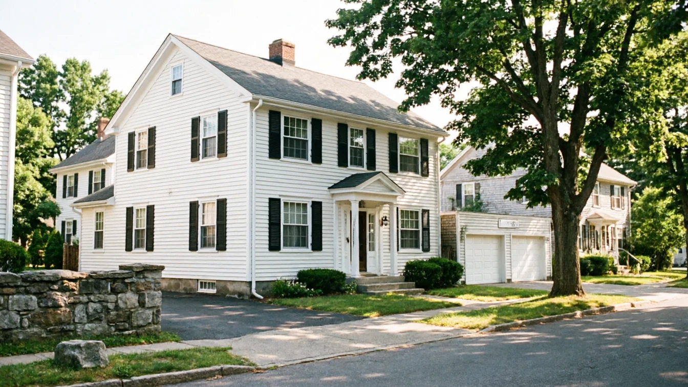 A white house with black shutters and a two-car garage with white doors.