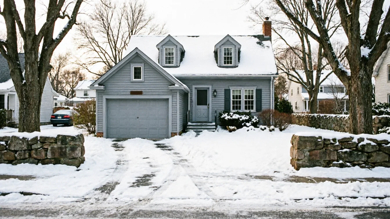 A gray house with a gray garage door and a snow-covered driveway.