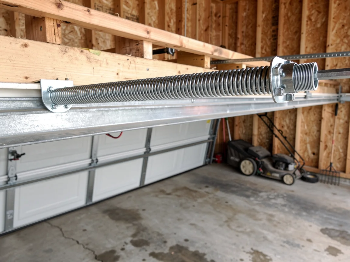A garage door torsion spring is mounted above a white garage door.