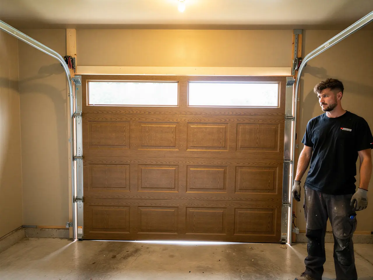 A technician stands next to a brown garage door with windows.