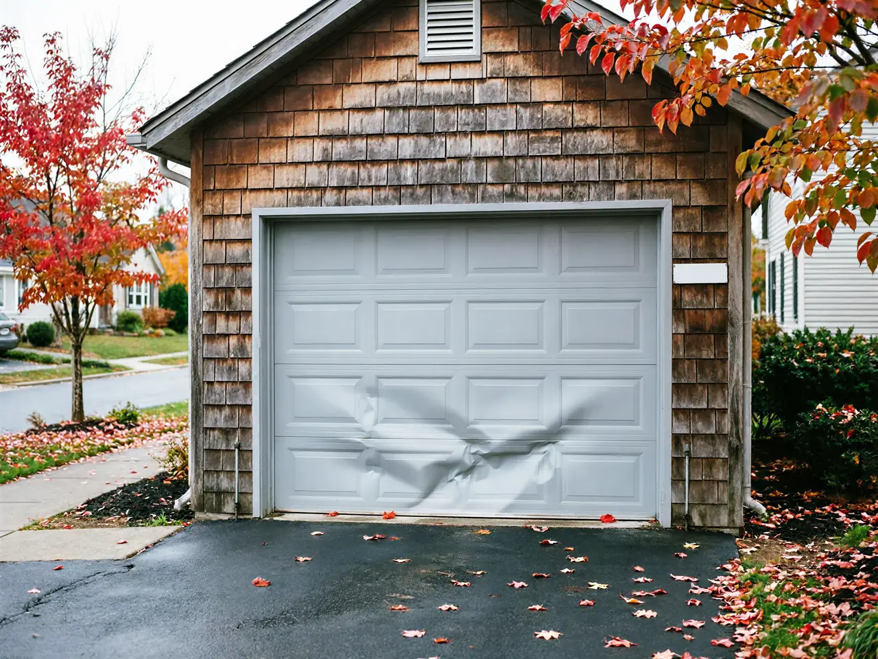 A light gray garage door has a large dent in the bottom panels.