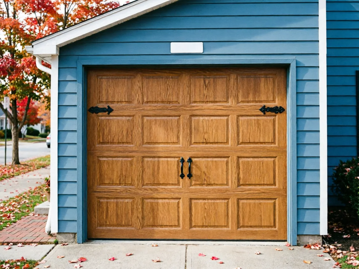 A brown garage door with black hardware is set in blue siding.